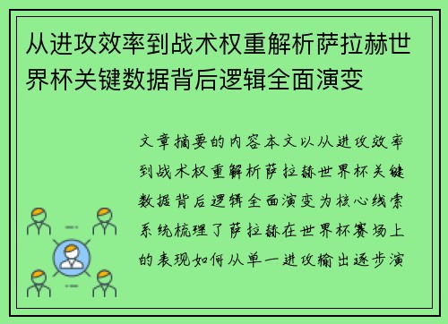 从进攻效率到战术权重解析萨拉赫世界杯关键数据背后逻辑全面演变