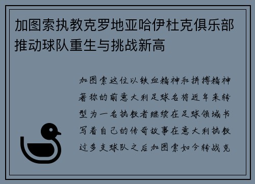 加图索执教克罗地亚哈伊杜克俱乐部推动球队重生与挑战新高